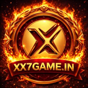 Fiery gold and red xx7gamecom.com gaming app logo featuring a bold metallic X emblem surrounded by flames.